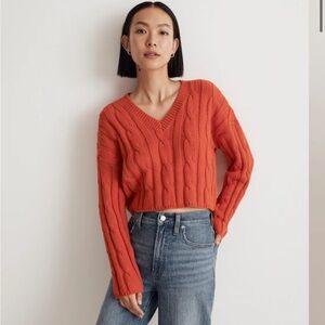 Madewell 🍠 V-Neck Cropped Cable Knit Sweater - Roasted Squash